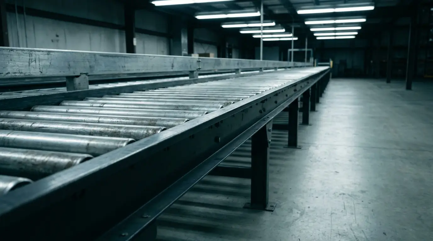 Industrial warehouse conveyor belt under fluorescent lighting in spacious interior setting