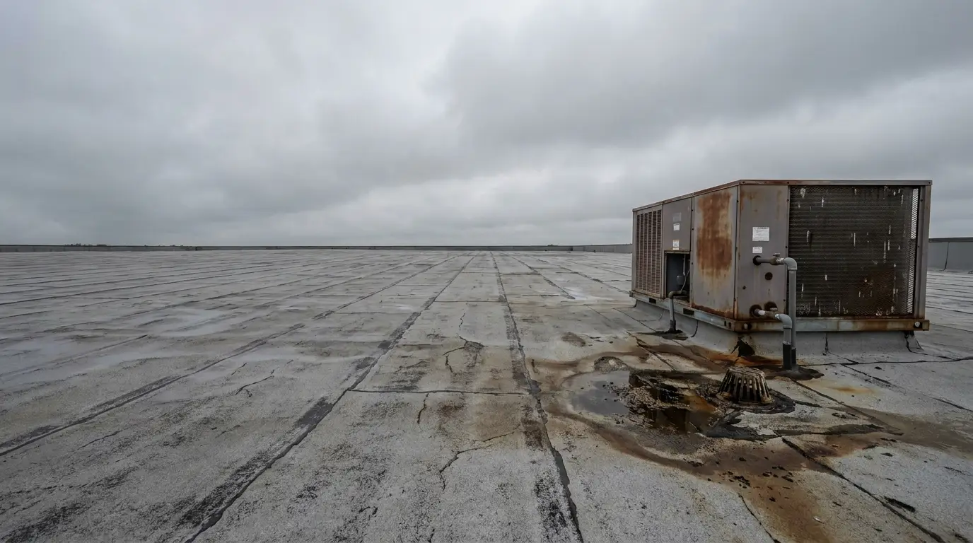 Rusted HVAC unit on expansive concrete rooftop with overcast sky