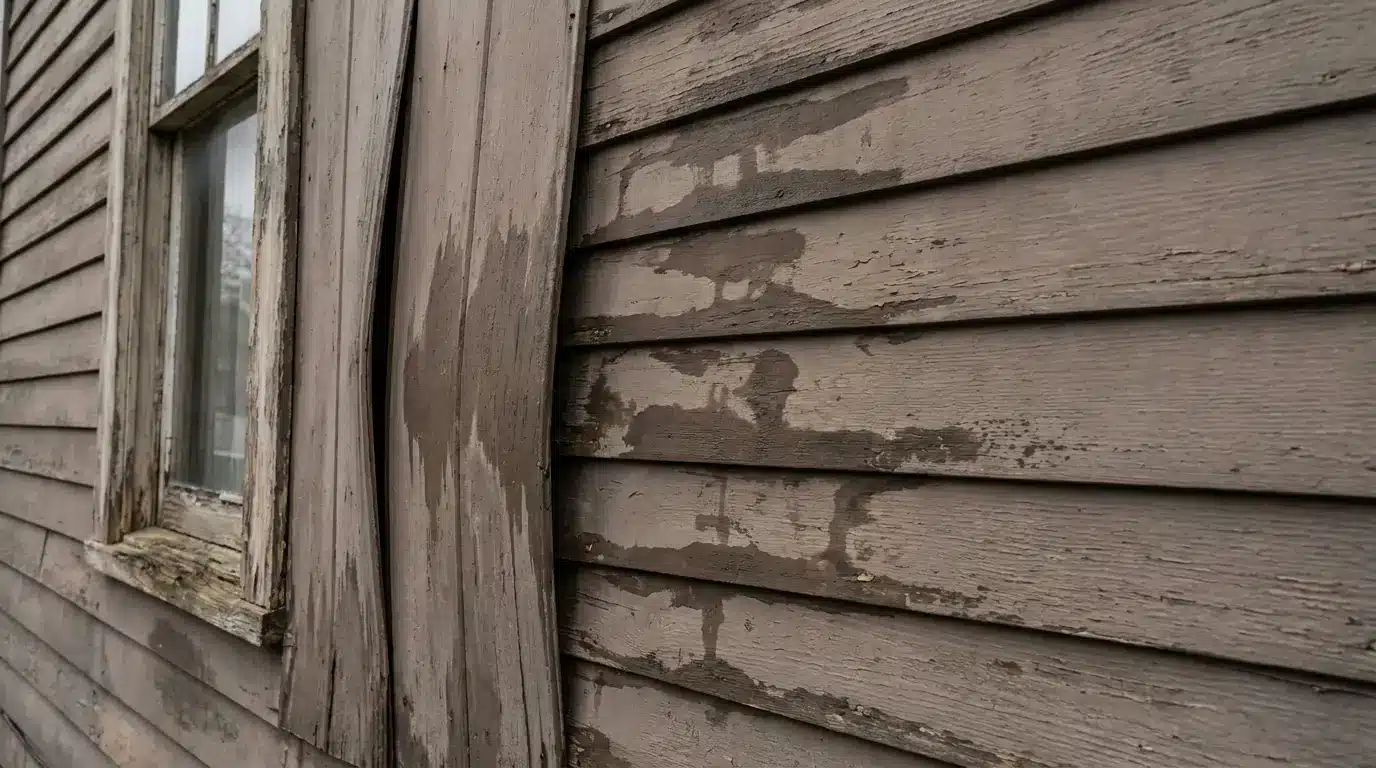 Weathered wooden siding with peeling paint and a single window in an outdoor setting
