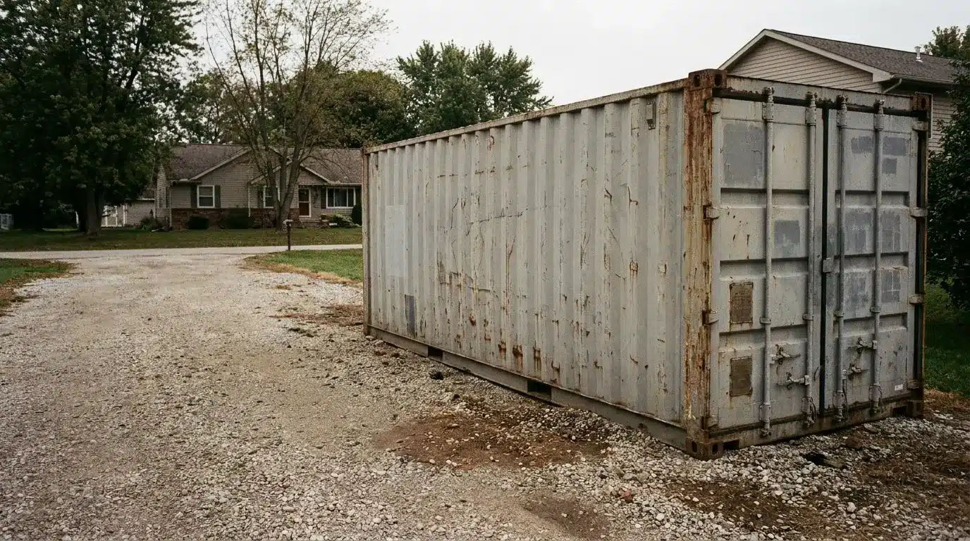 Rusty shipping container on gravel driveway near residential house and trees
