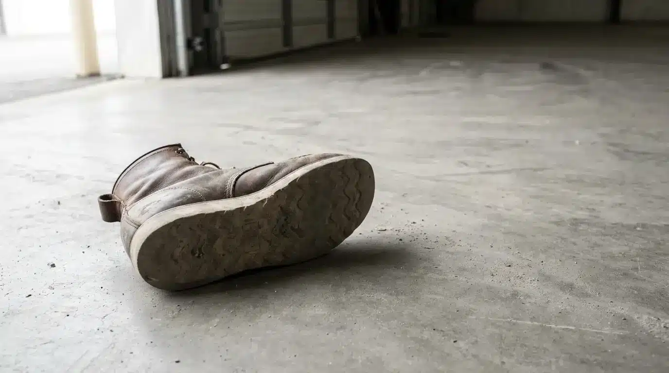 Worn leather boot lying on a concrete floor in an industrial setting