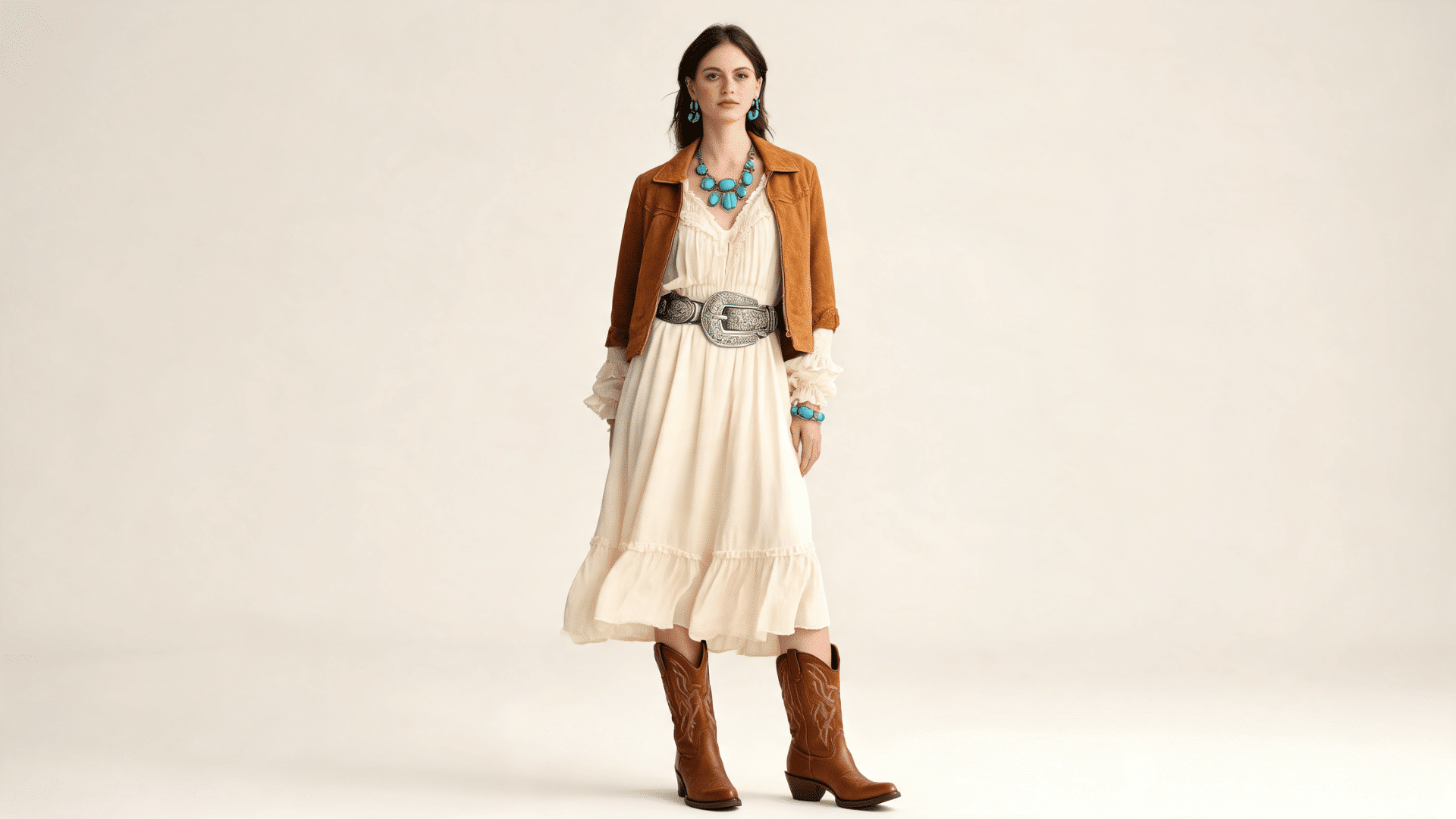 Western boho outfit with cowboy boots, suede jacket, prairie dress, belt, and turquoise jewelry
