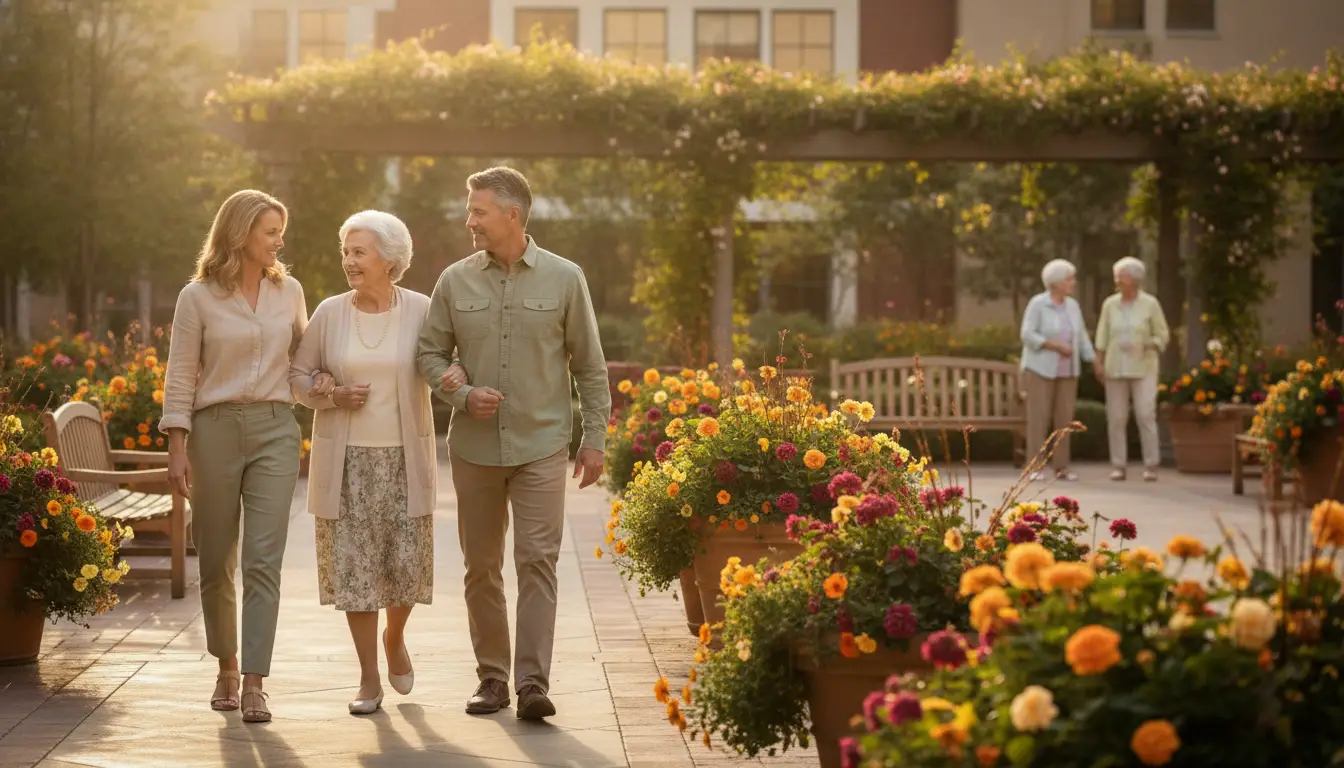 Elderly woman walking with two adults in sunlit garden with vibrant flowers and benches