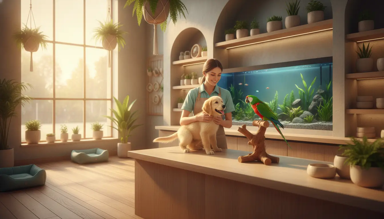 Woman petting a golden retriever puppy beside a parrot in a sunlit pet store with plants
