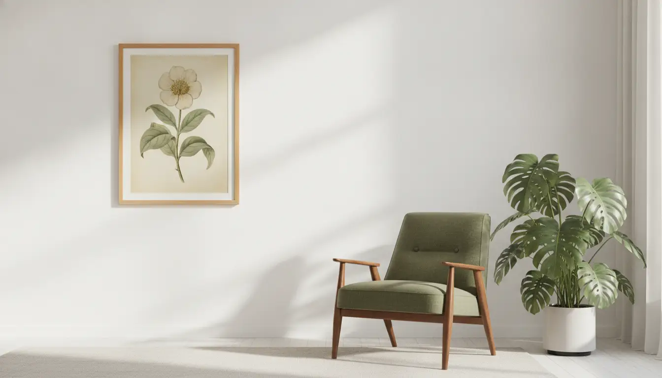 Mid-century modern green chair next to potted monstera plant in bright living room with botanical print