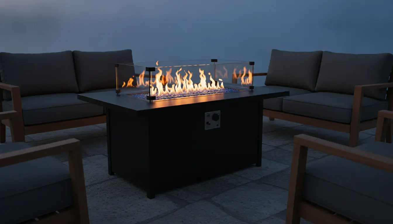 Outdoor patio with fire pit table surrounded by gray cushioned wooden chairs