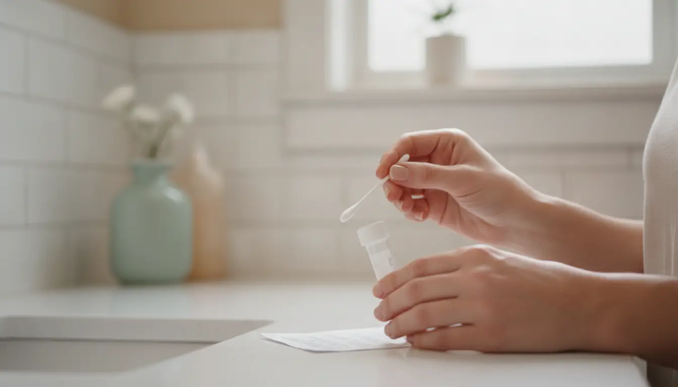 Hands using a cotton swab and test tube in a bright bathroom setting