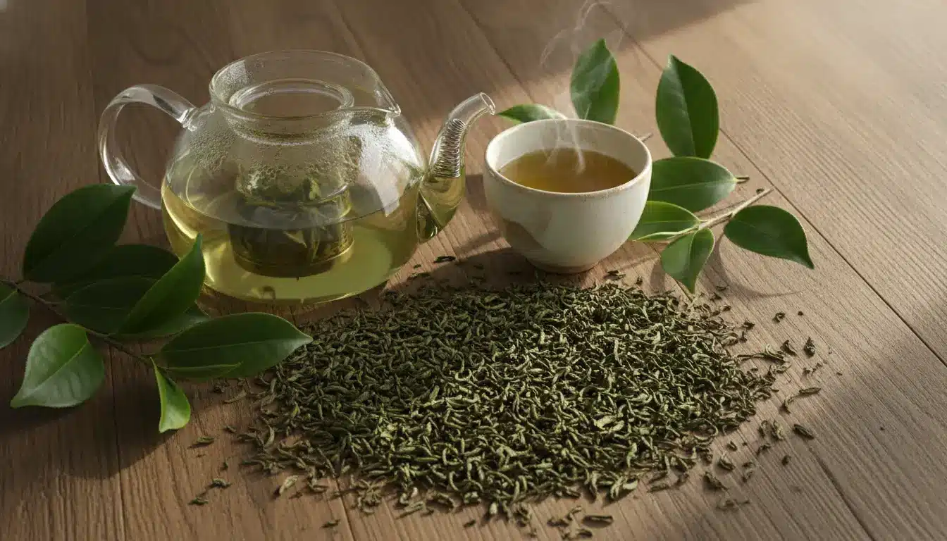 Glass teapot with brewed green tea leaves and cup on wooden table with fresh leaves