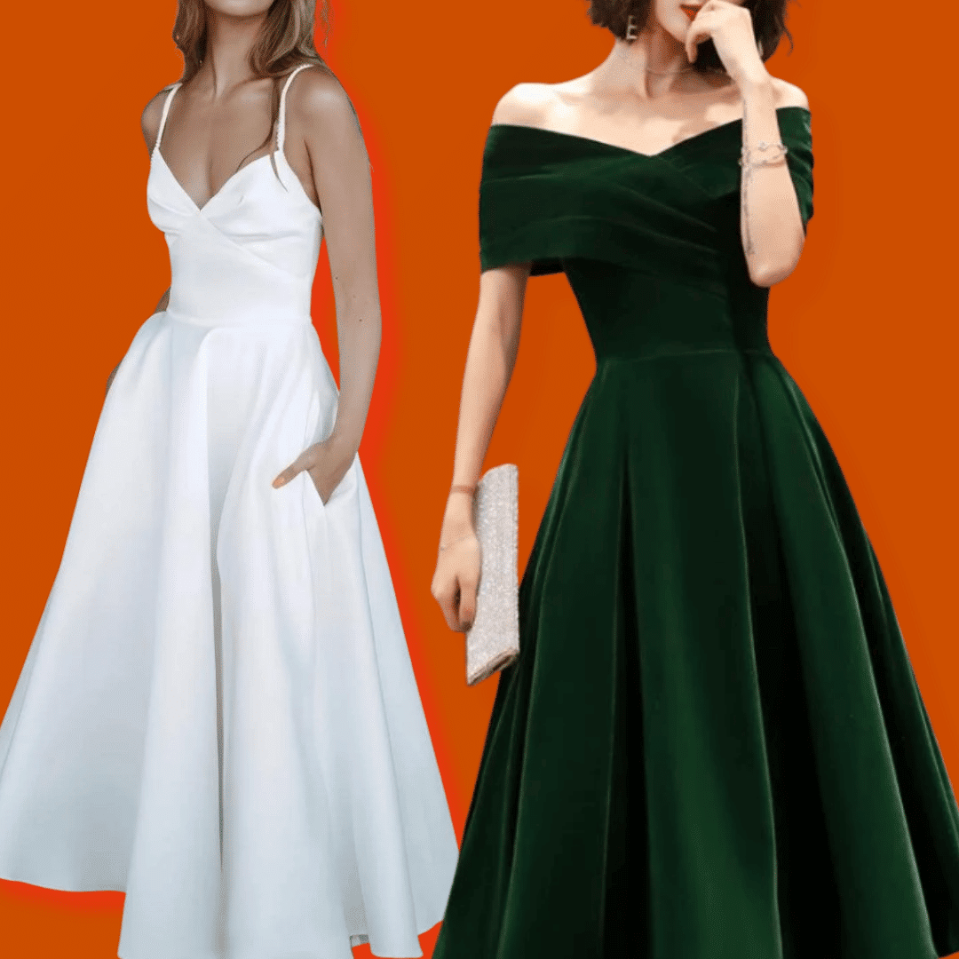 White and dark green tea length dress styles with fitted bodices, full skirts, and elegant formal details.