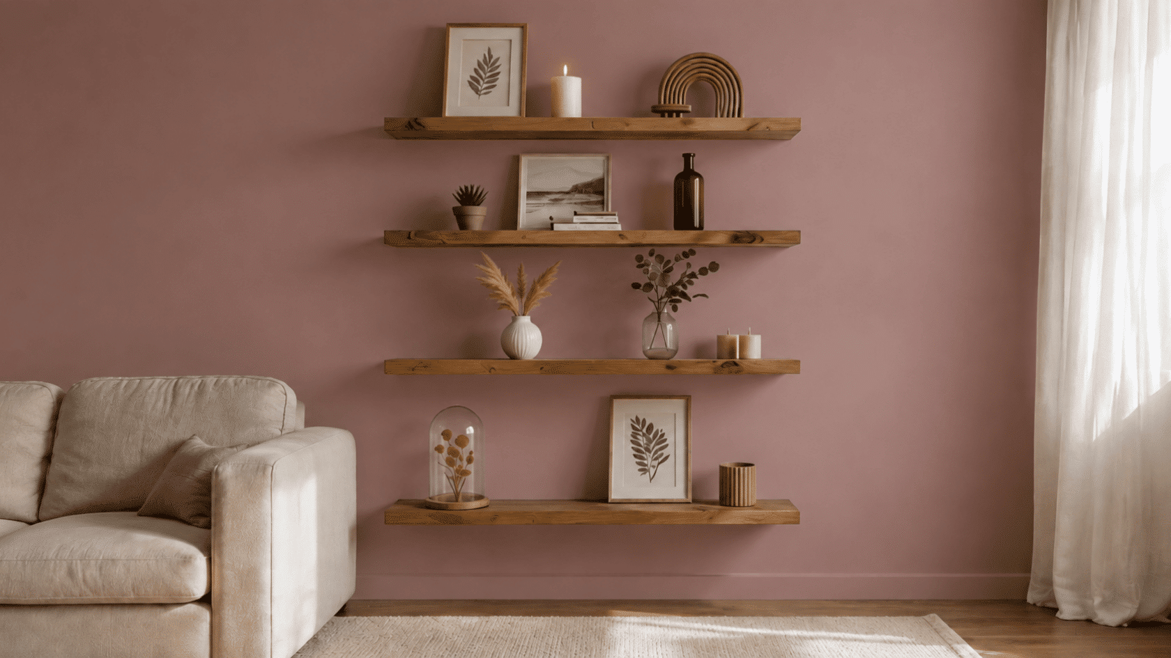 White sofa beside wooden wall shelves with framed art, vases, candles, and plants.