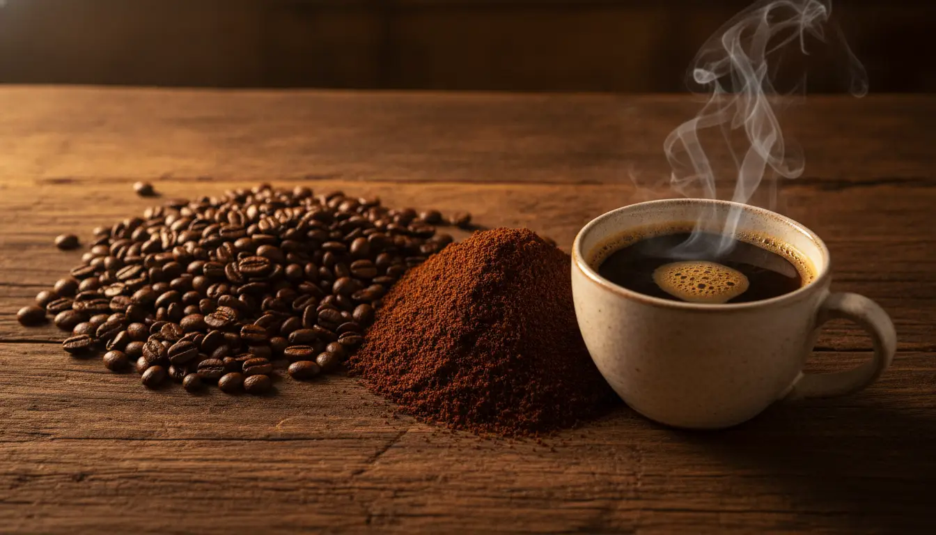 Steaming cup of coffee with beans and ground coffee on rustic wooden table