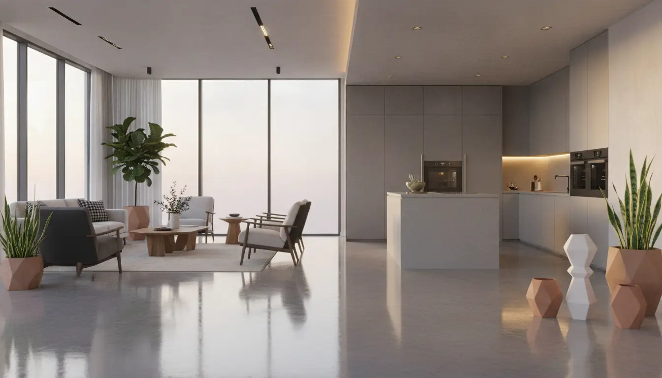 Modern open-plan living room and kitchen with sleek furniture and large windows at sunset
