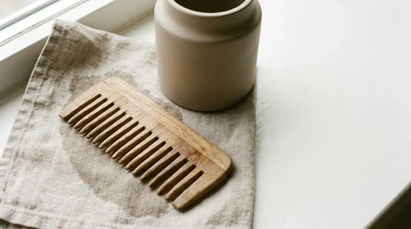 Wooden comb and beige ceramic jar on linen cloth with soft lighting