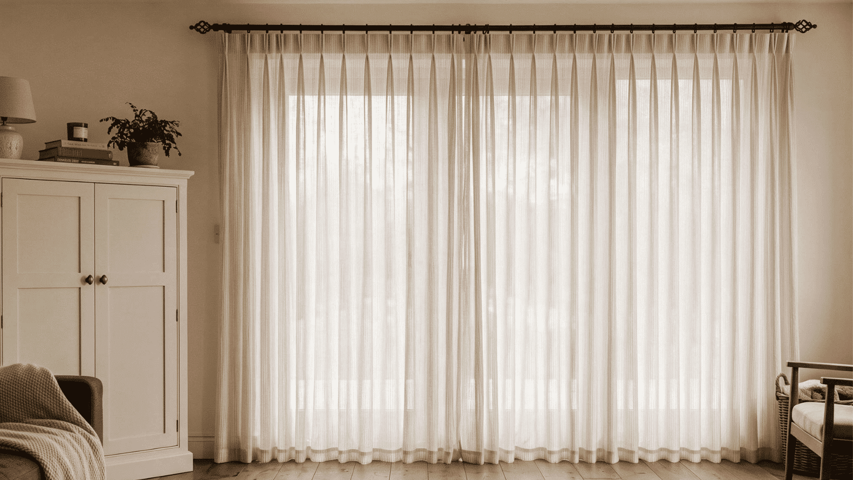 Window with sheer curtains, white cabinet, plant, books, and chair in a room.