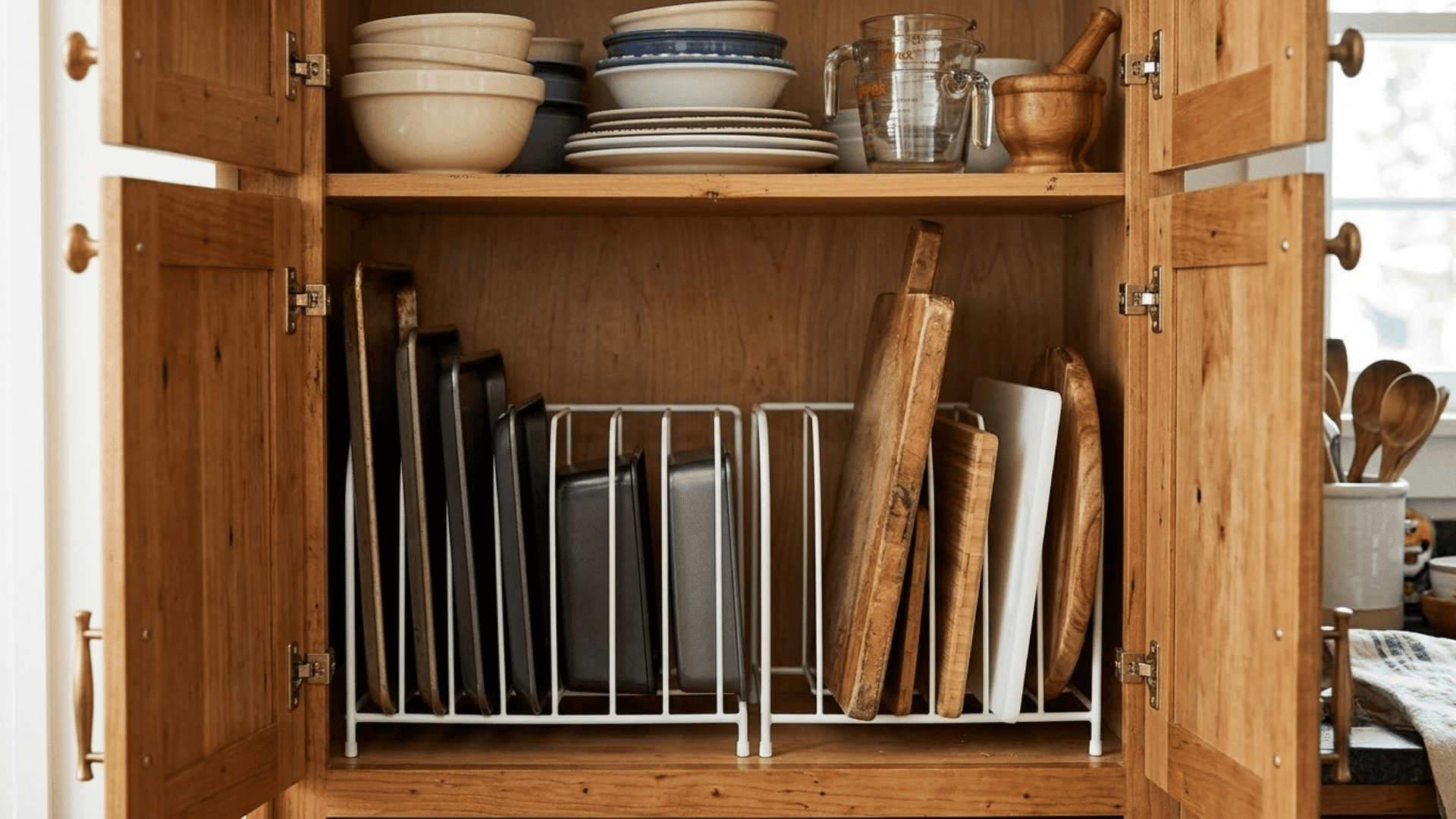 Wire rack organizing vertically baking sheets and cutting boards inside a kitchen cabinet.
