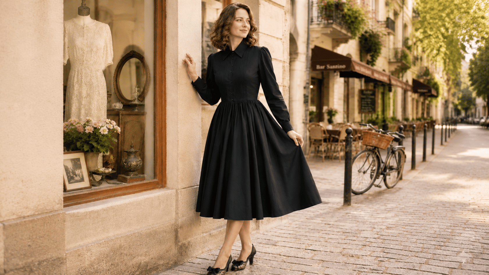 Woman wearing a black A-line dress with a fitted bodice and flared skirt on a cobblestone street.