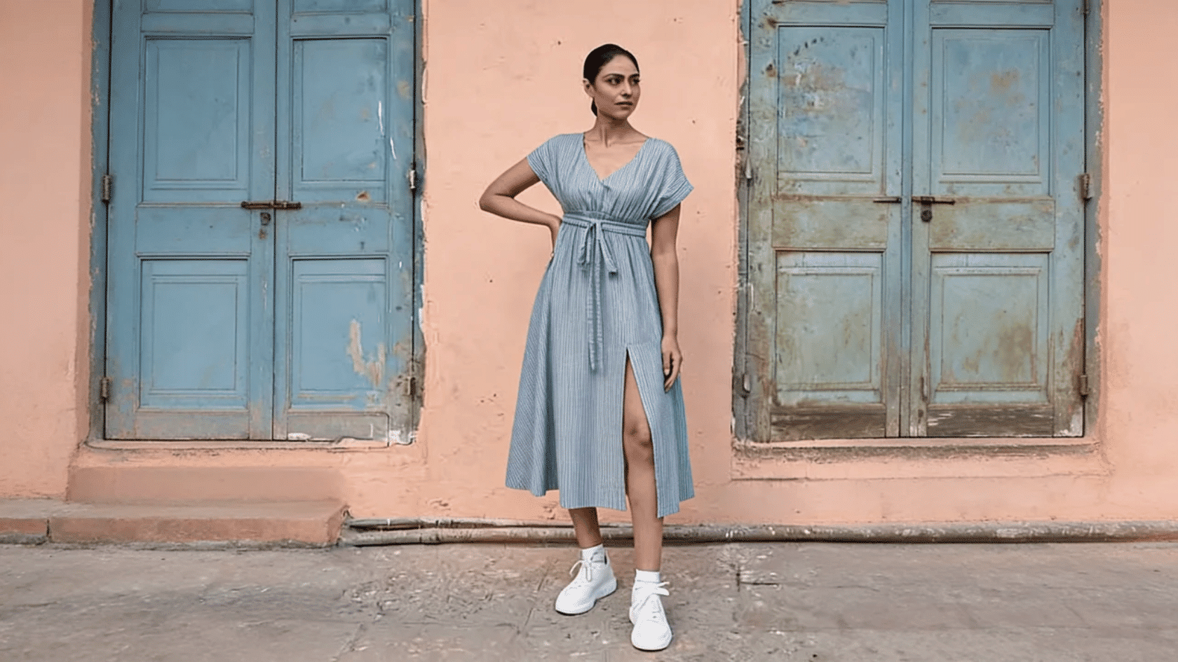 Woman wearing a light blue A-line dress with a fitted waist and flared skirt standing against a pastel wall.