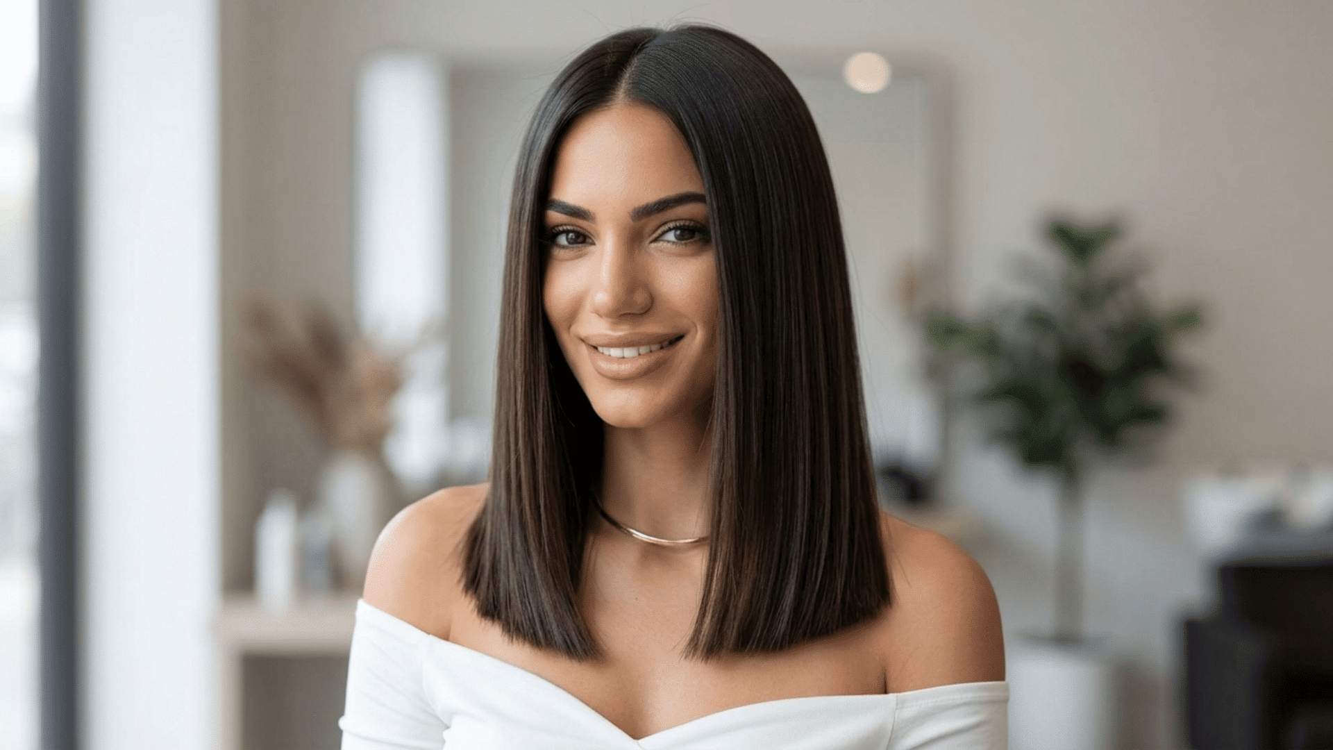 Woman with a blunt shoulder-length haircut featuring sleek straight hair, even ends, and a smooth polished finish.