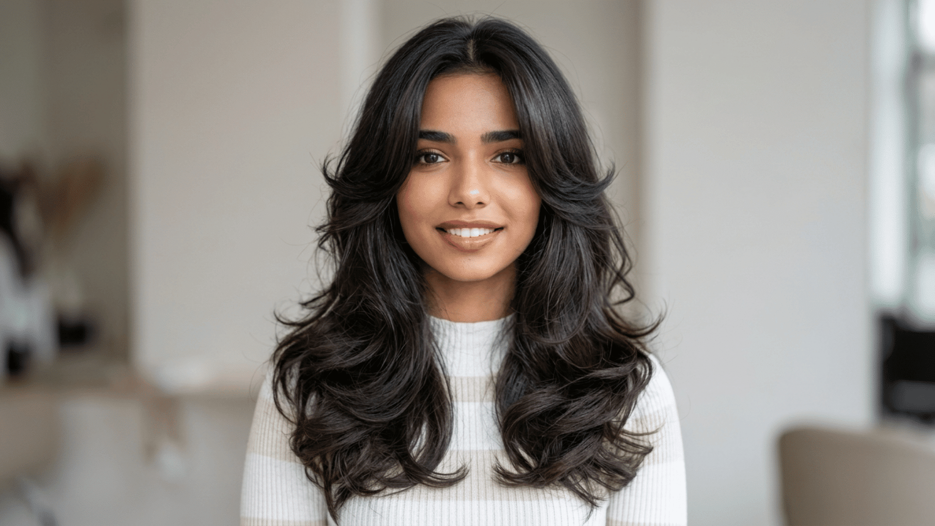 Woman with a butterfly haircut featuring face-framing layers, long flowing lengths, and a voluminous blowout.
