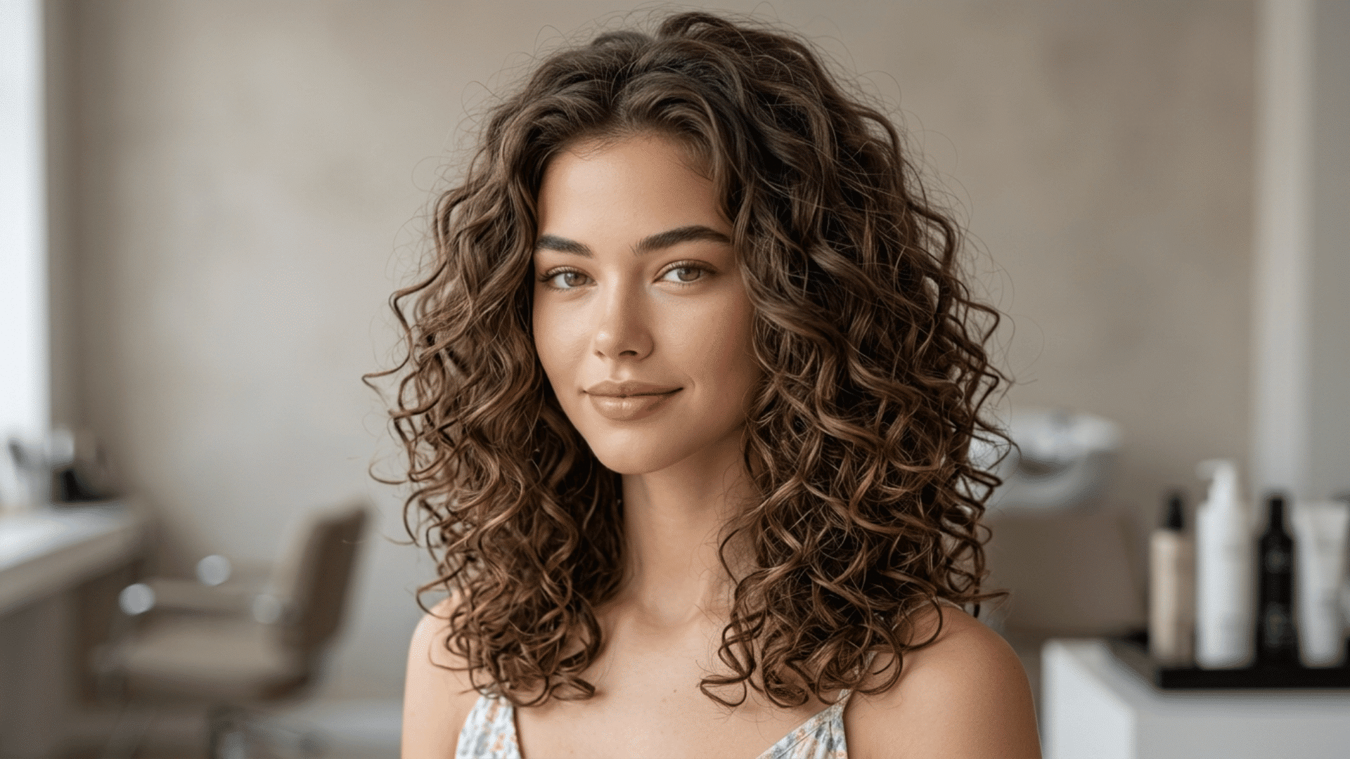 Woman with a layered medium curly haircut featuring defined natural curls, balanced volume, and shoulder-length shape.