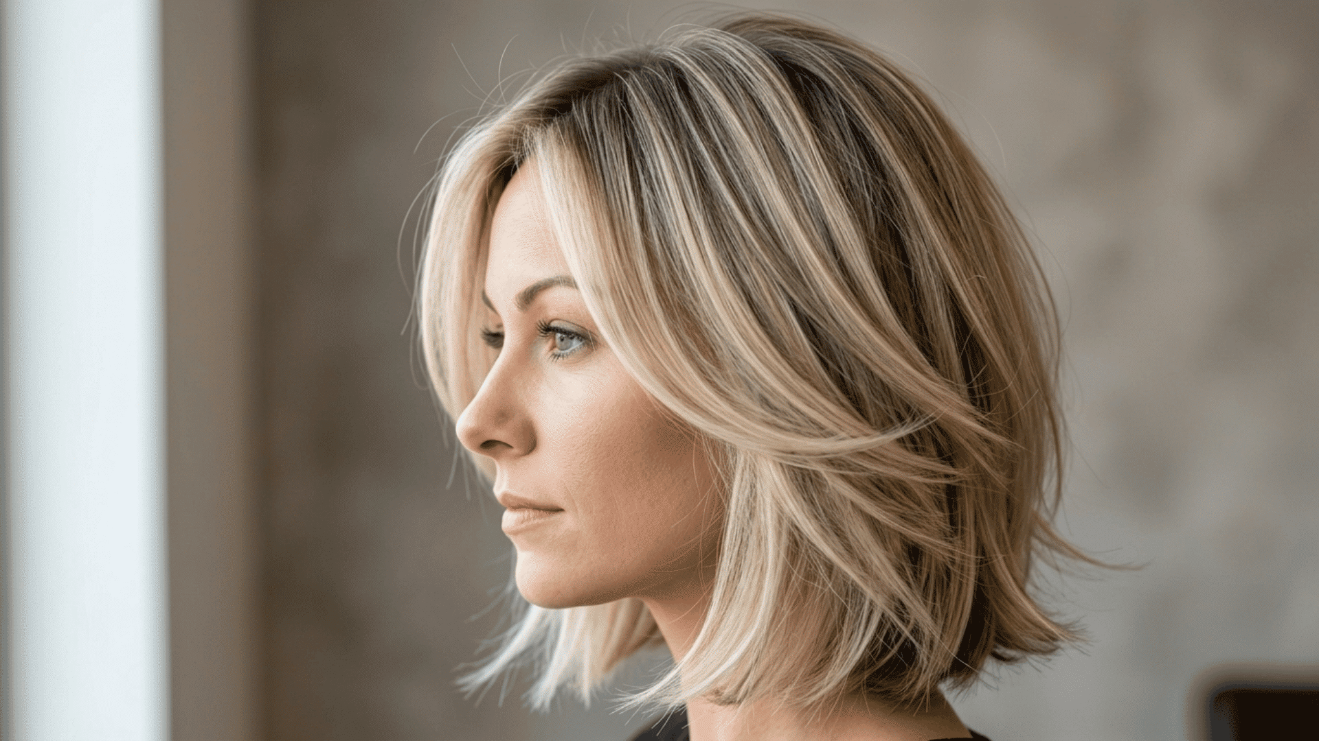 Woman with a layered shoulder-length haircut that removes bulk while keeping thick hair soft, full, and voluminous.