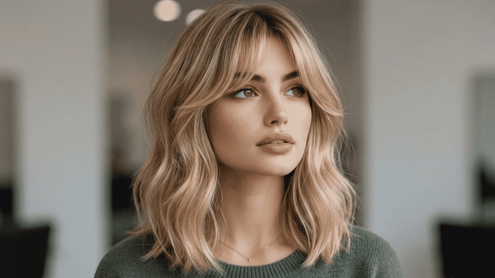 Woman with a medium haircut and soft curtain bangs framing the face with loose waves and shoulder-length hair.