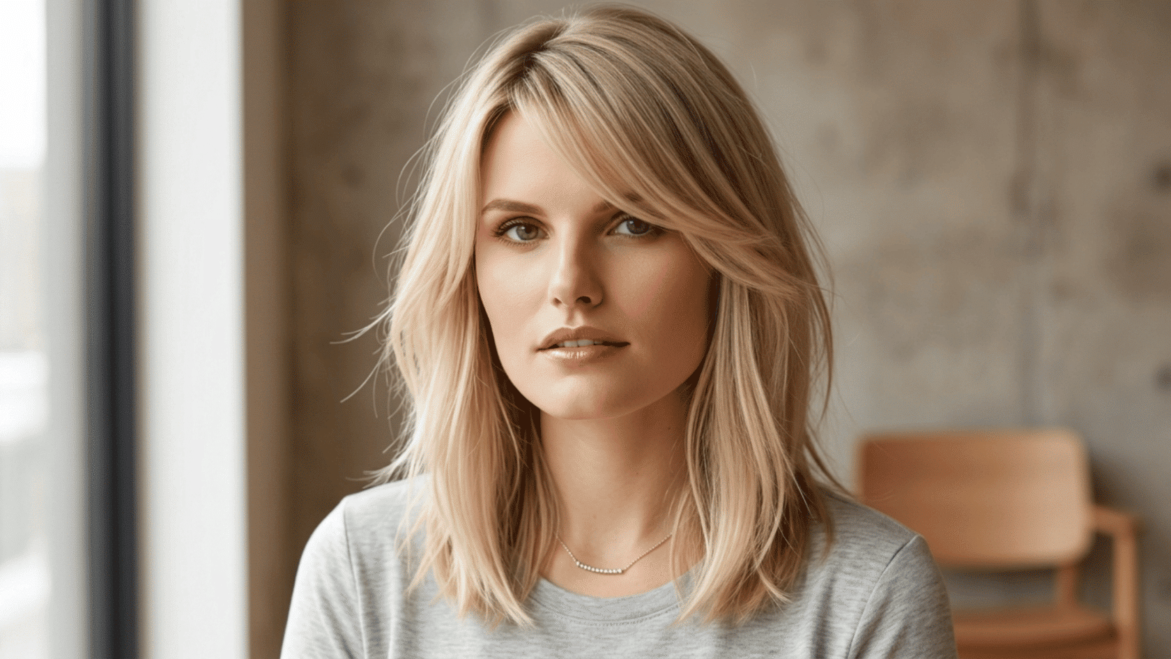Woman with a medium haircut featuring shoulder-length hair with side bangs, soft layers, and natural volume.