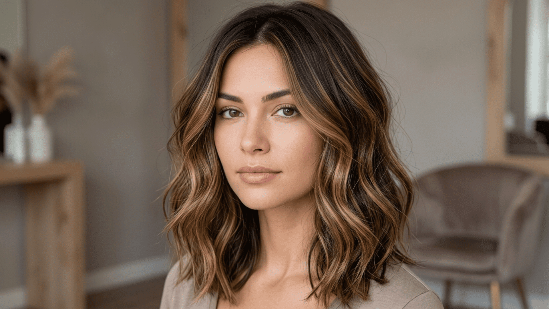 Woman with a shoulder-length wavy haircut featuring soft beachy waves, natural texture, and effortless movement.