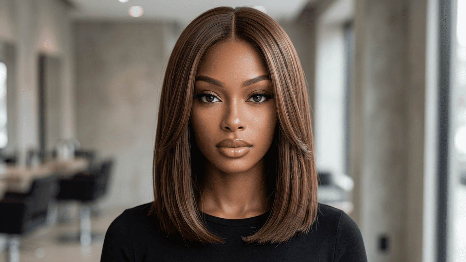 Woman with a sleek medium straight haircut featuring soft face-framing layers and blunt, healthy-looking ends.