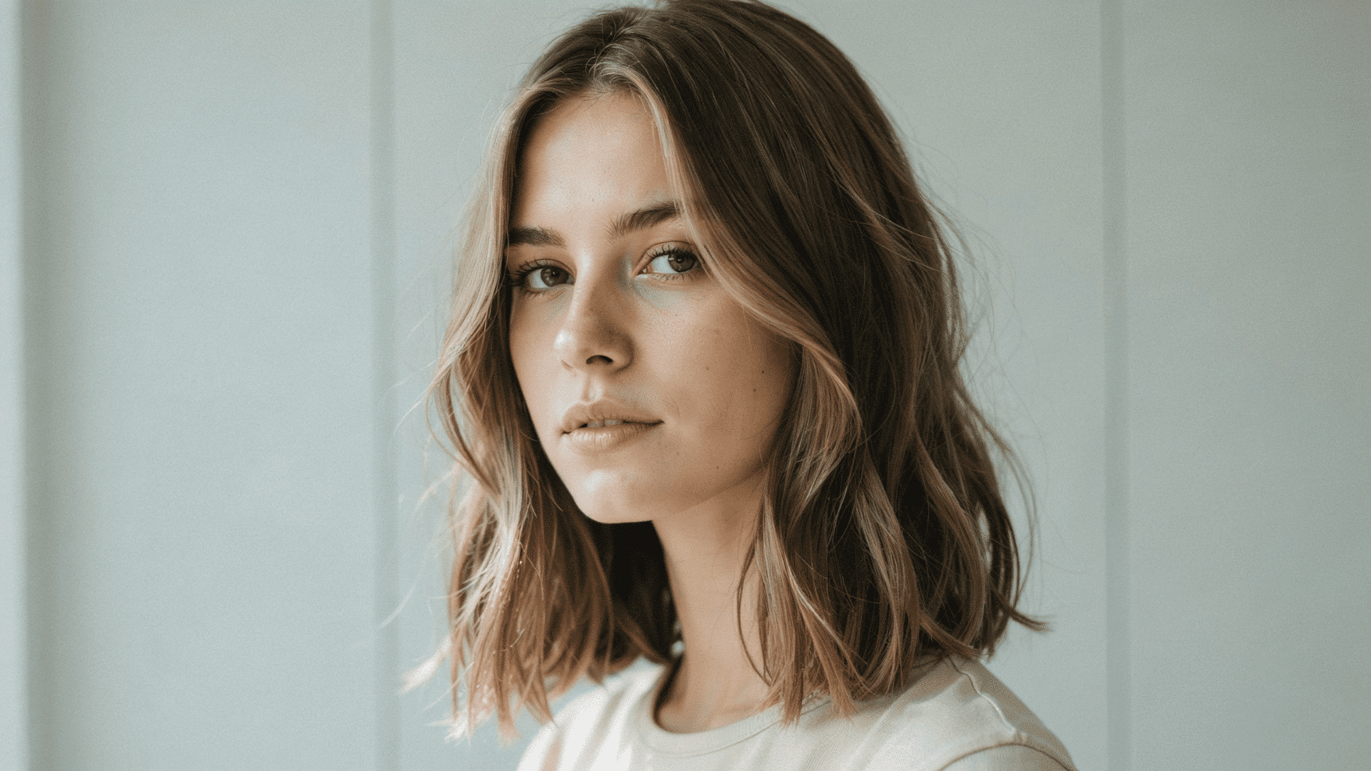 Woman with a soft layered medium haircut featuring shoulder-length waves and blended layers for natural movement and volume.