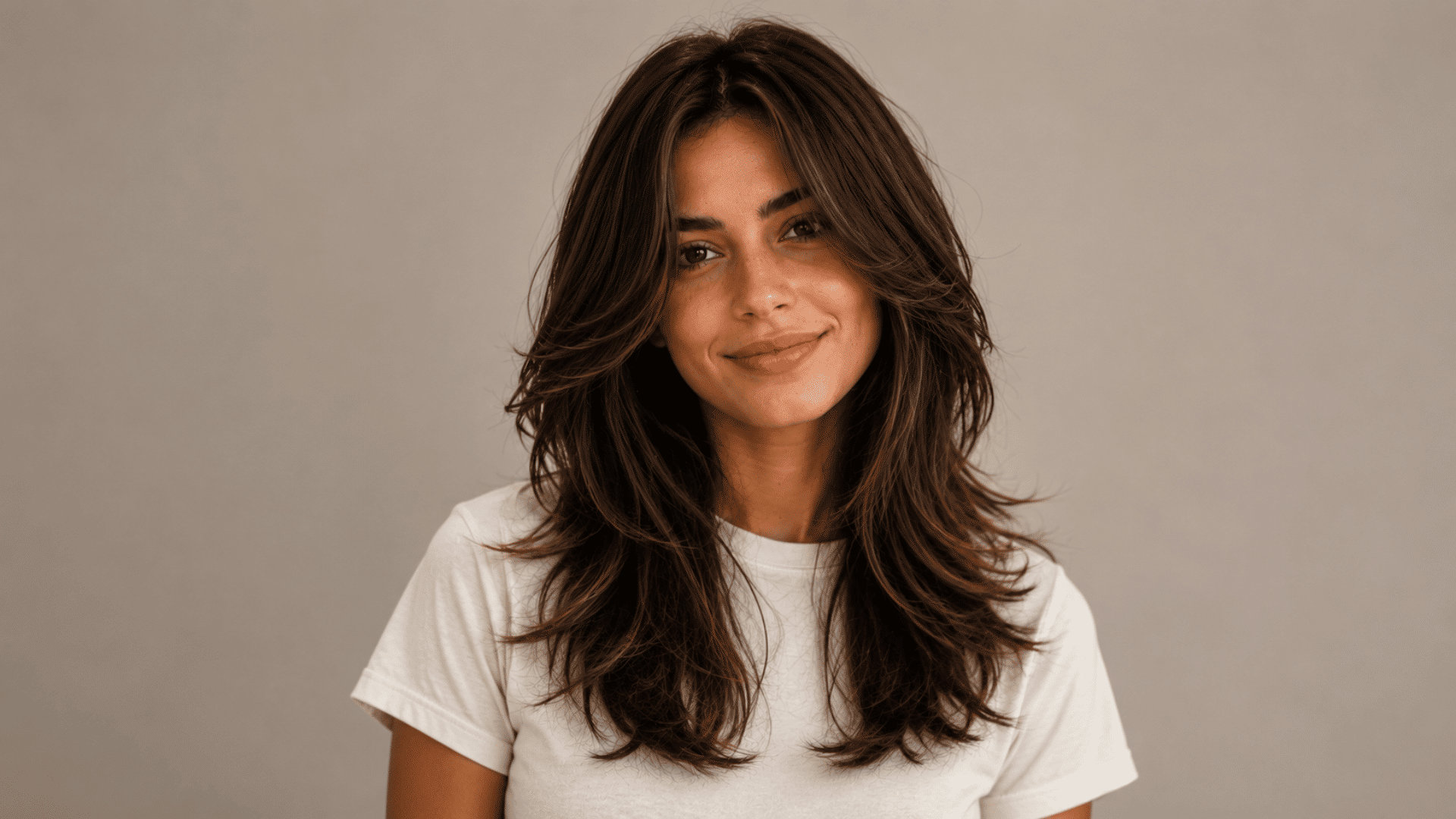 Woman with long layered butterfly cut and soft face-framing pieces on a neutral background.