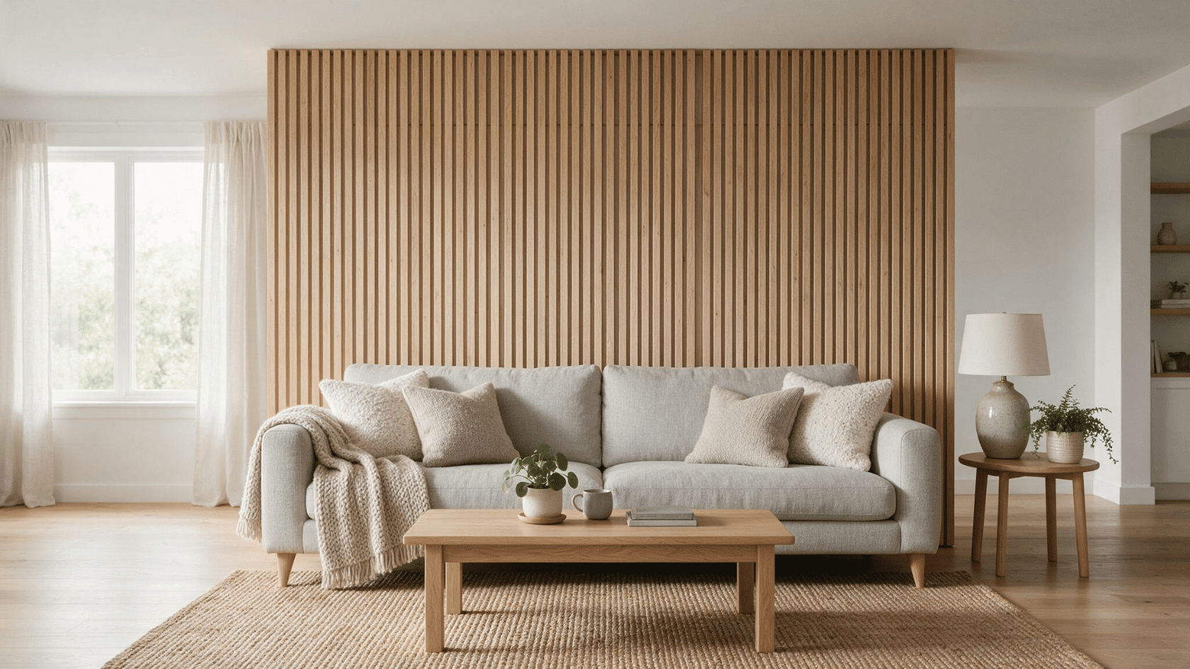 Living room with a floor-to-ceiling vertical wood slat accent wall behind the seating area.
