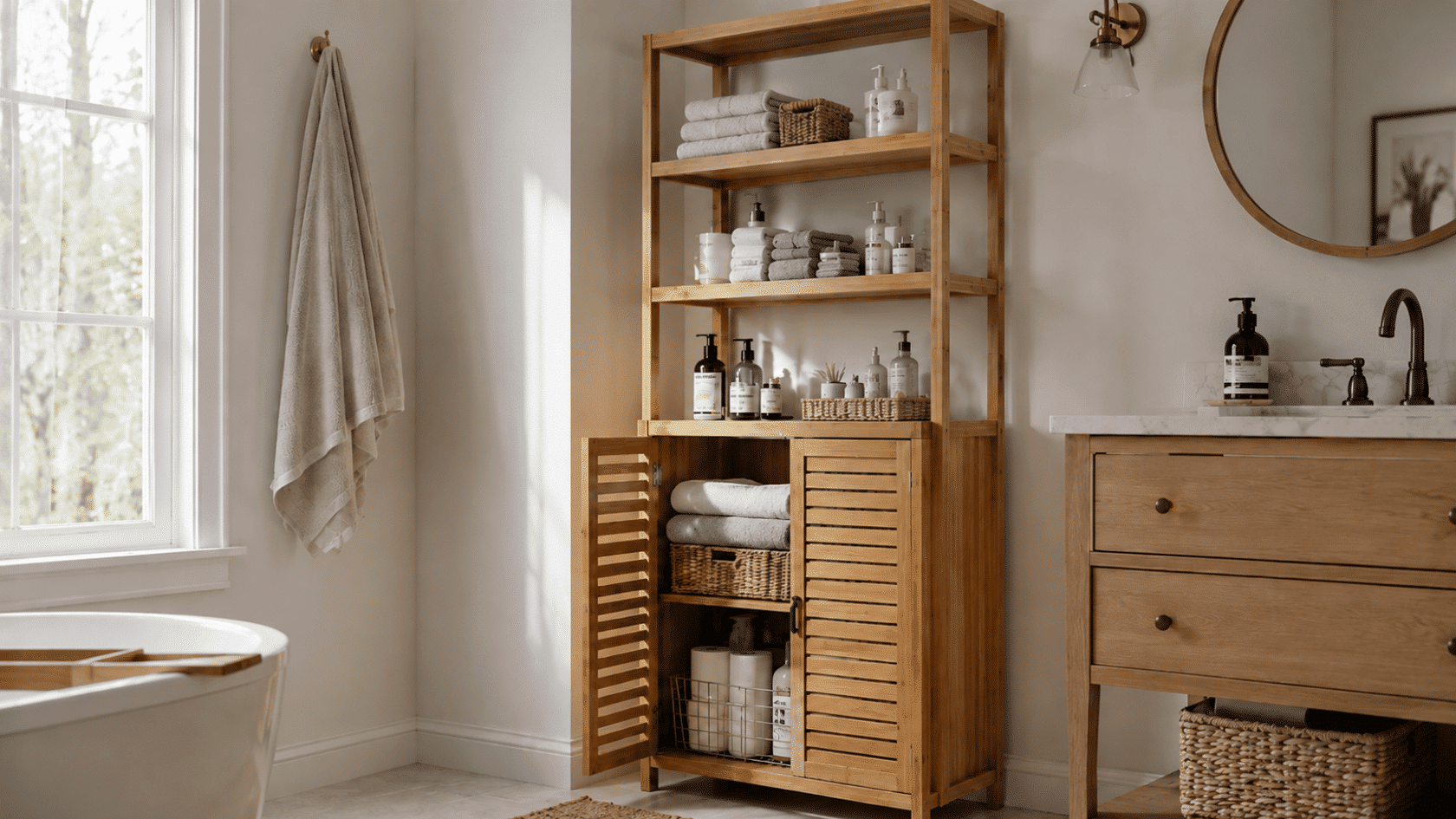 Wooden bathroom shelf with towels, bottles, baskets, sink cabinet, mirror, and bathtub.