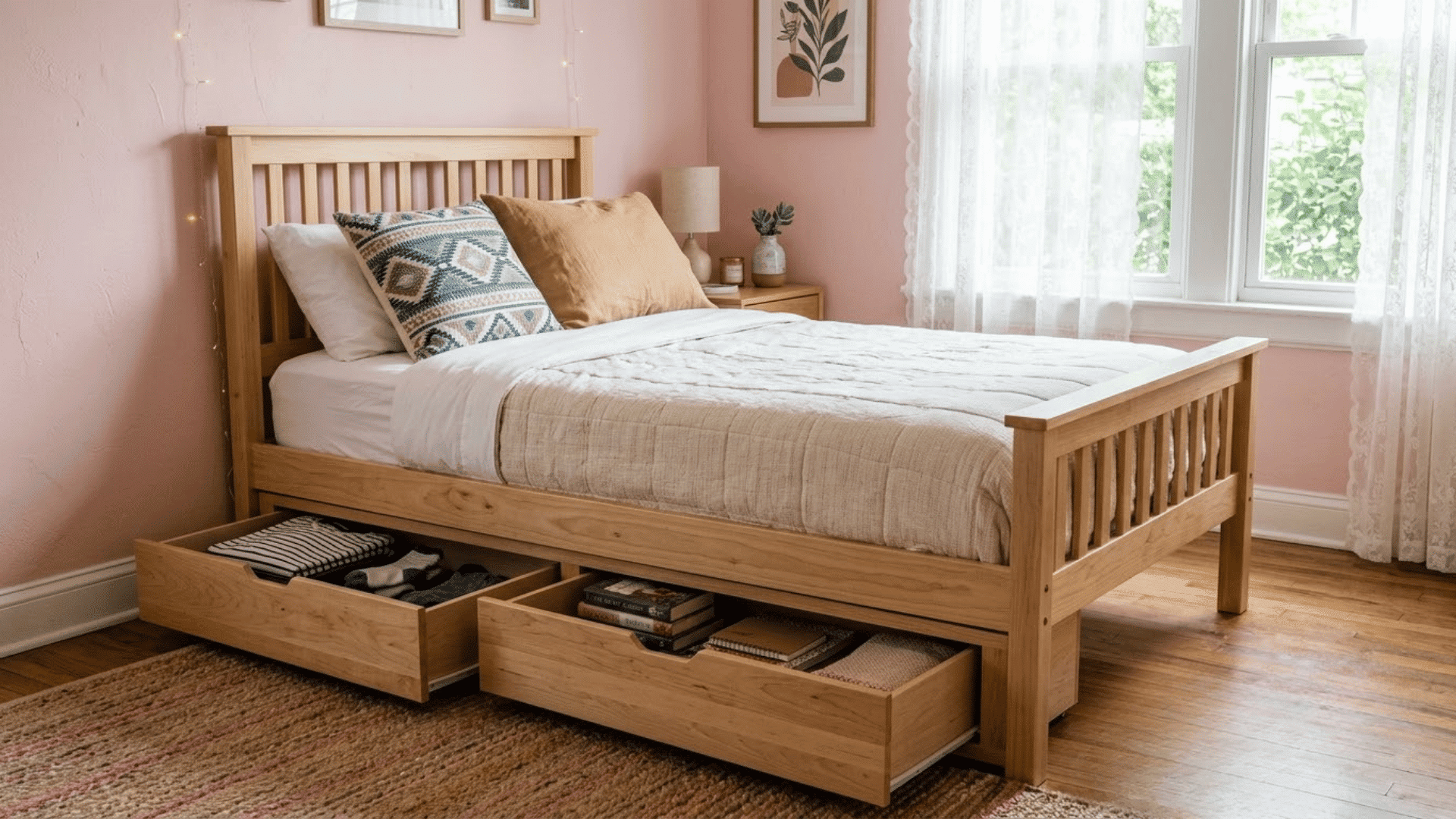 Wooden bed with built-in storage drawers in a bright bedroom.