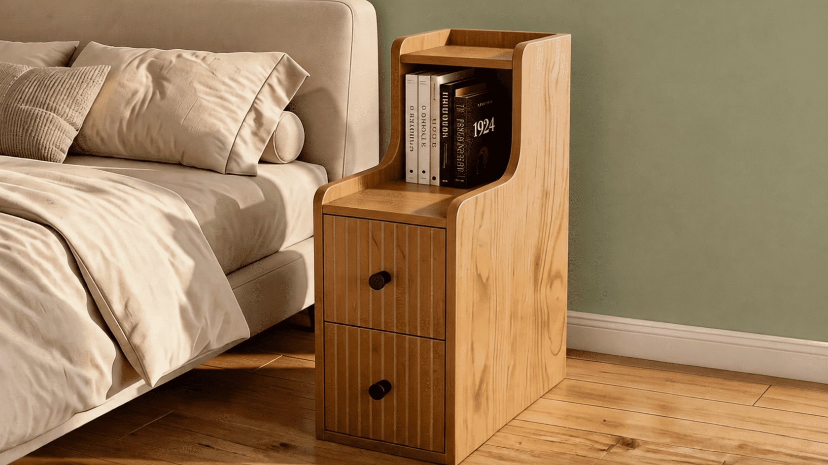 Wooden bedside table with drawers, books, and a bed with pillows and bedding.