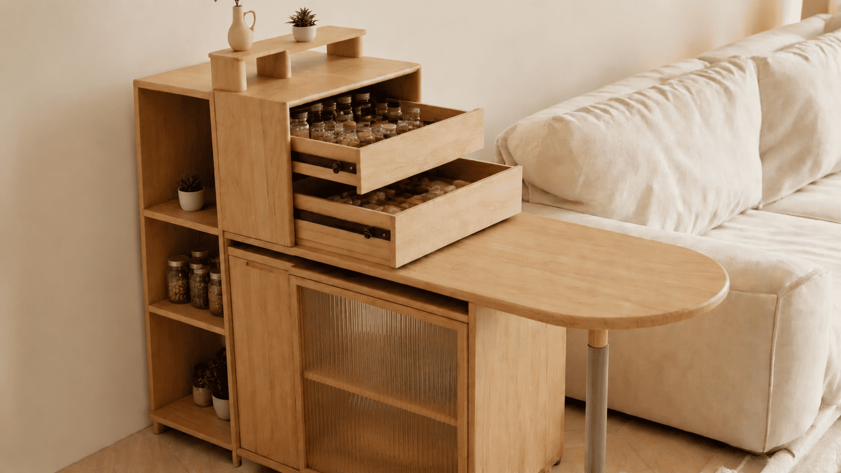 Wooden cabinet with open drawers, small containers, plants, and a white sofa in the background.