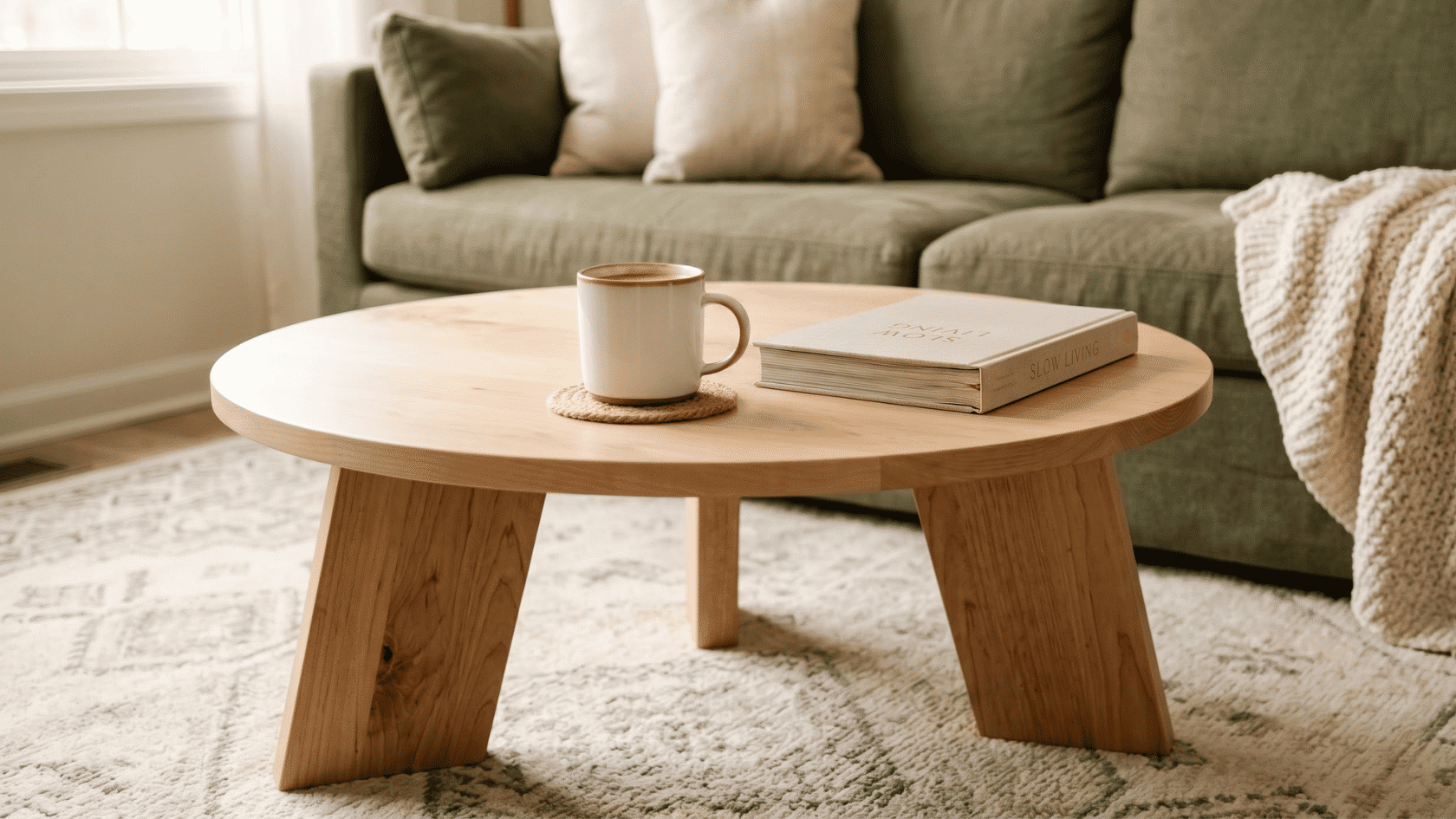 Wooden coffee table with cup, book, rug, green sofa, and blanket in a living room.