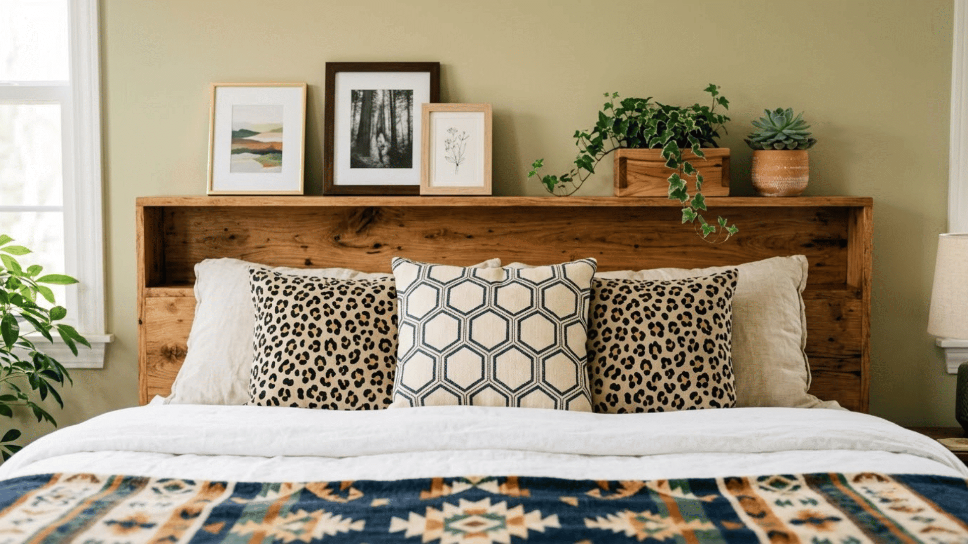 Wooden headbed with patterned pillows and plants in a cozy bedroom setting.