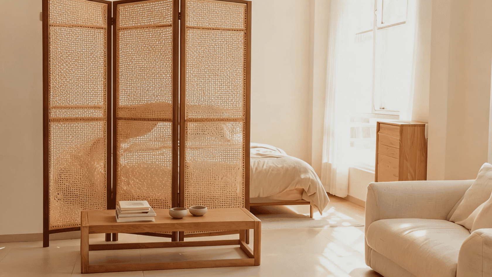 Wooden room divider, coffee table, sofa, bed, dresser, and window with curtains.