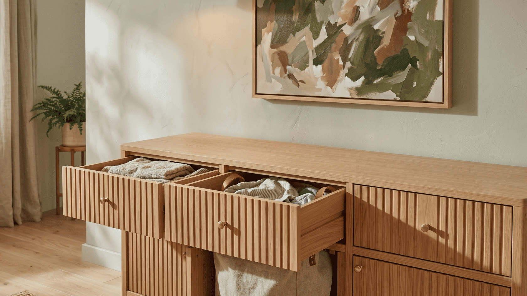 Wooden storage cabinet with open drawers containing folded clothes and a framed wall painting.