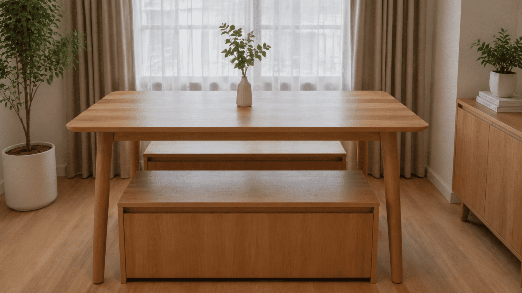 Wooden table with bench, vase, and plant in front of a window with curtains.