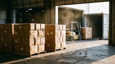 Forklift moving cardboard boxes in sunlit warehouse with open shipping container in background