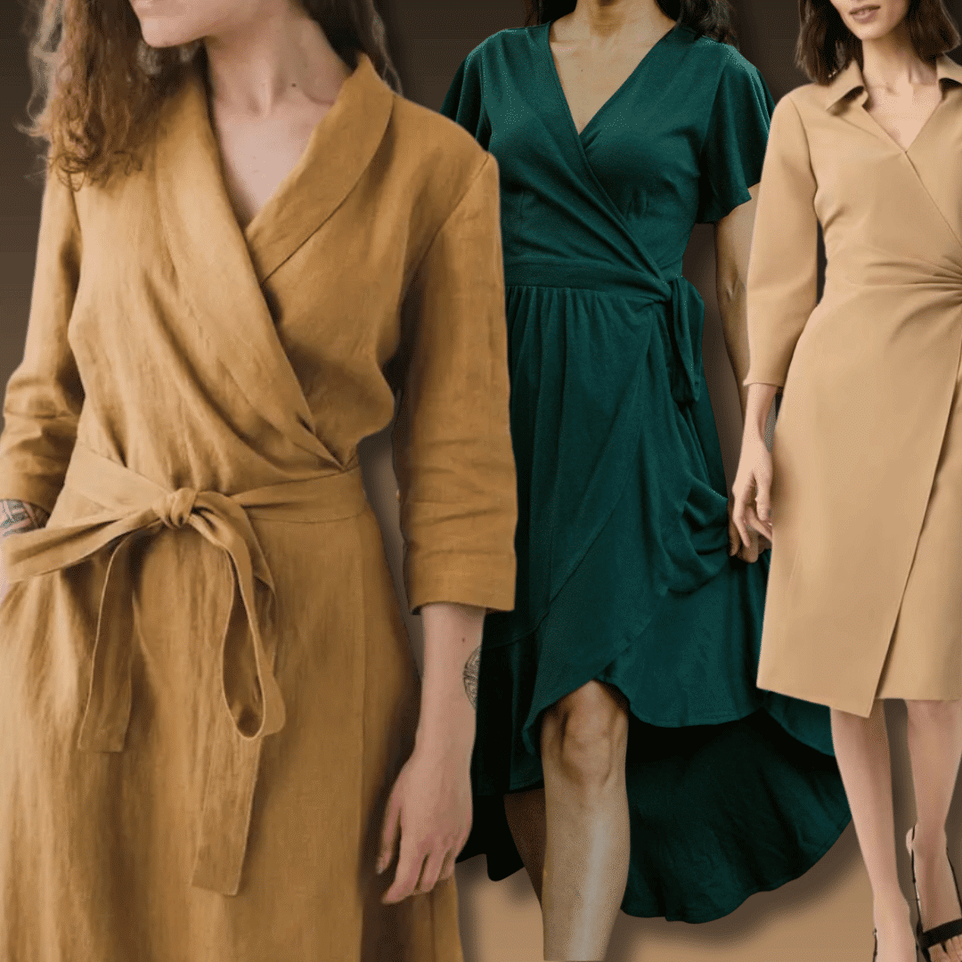 Wrap Dress styles in tan, emerald green, and beige with flattering waist ties and elegant silhouettes.