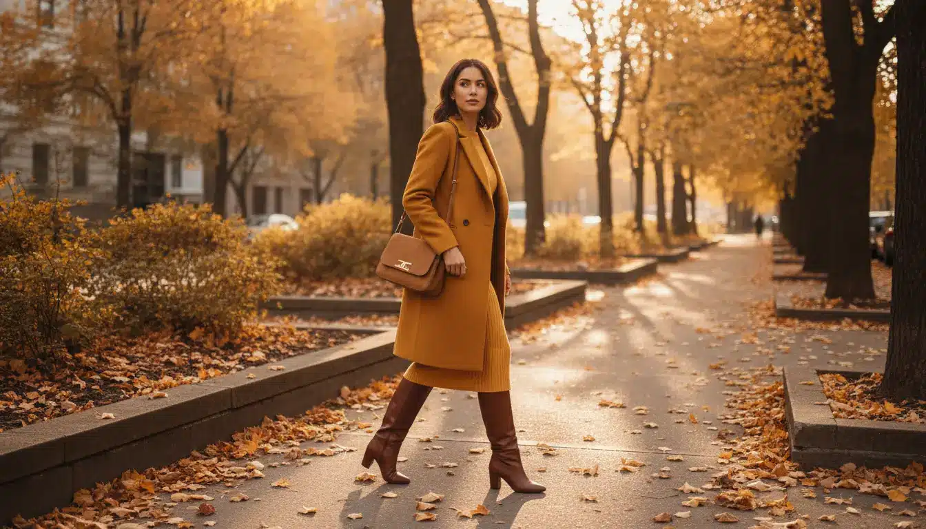 Woman in mustard coat and boots walking on autumn leaf-covered pathway