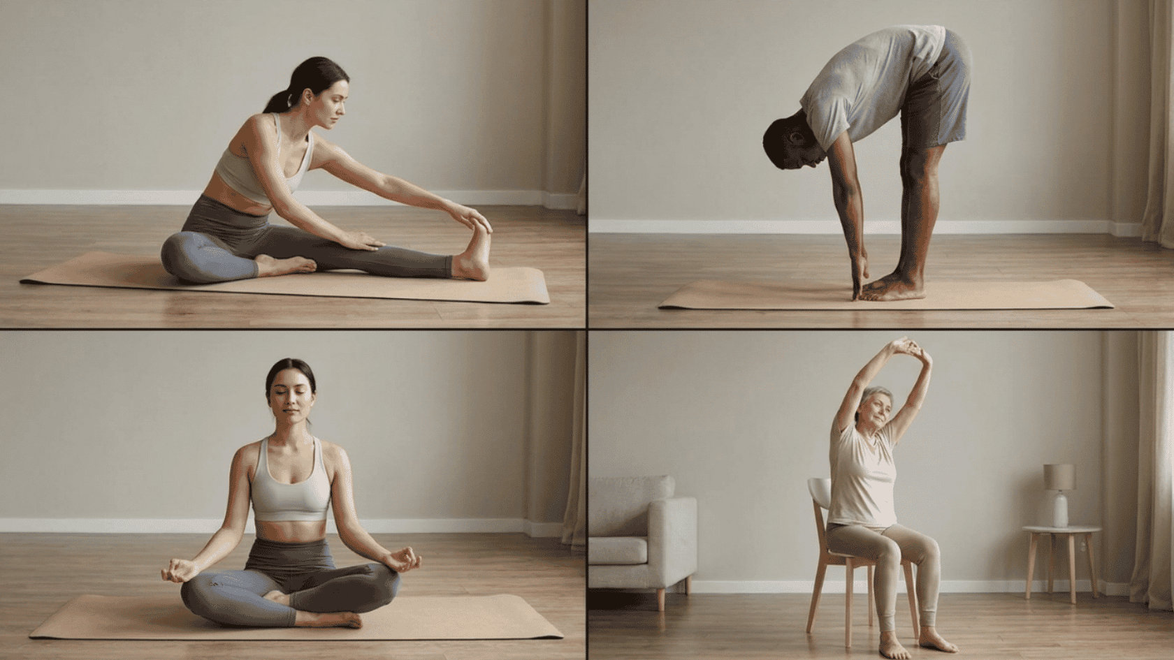 Four-panel collage showing people performing yoga stretches, forward bends, meditation, and seated stretches.