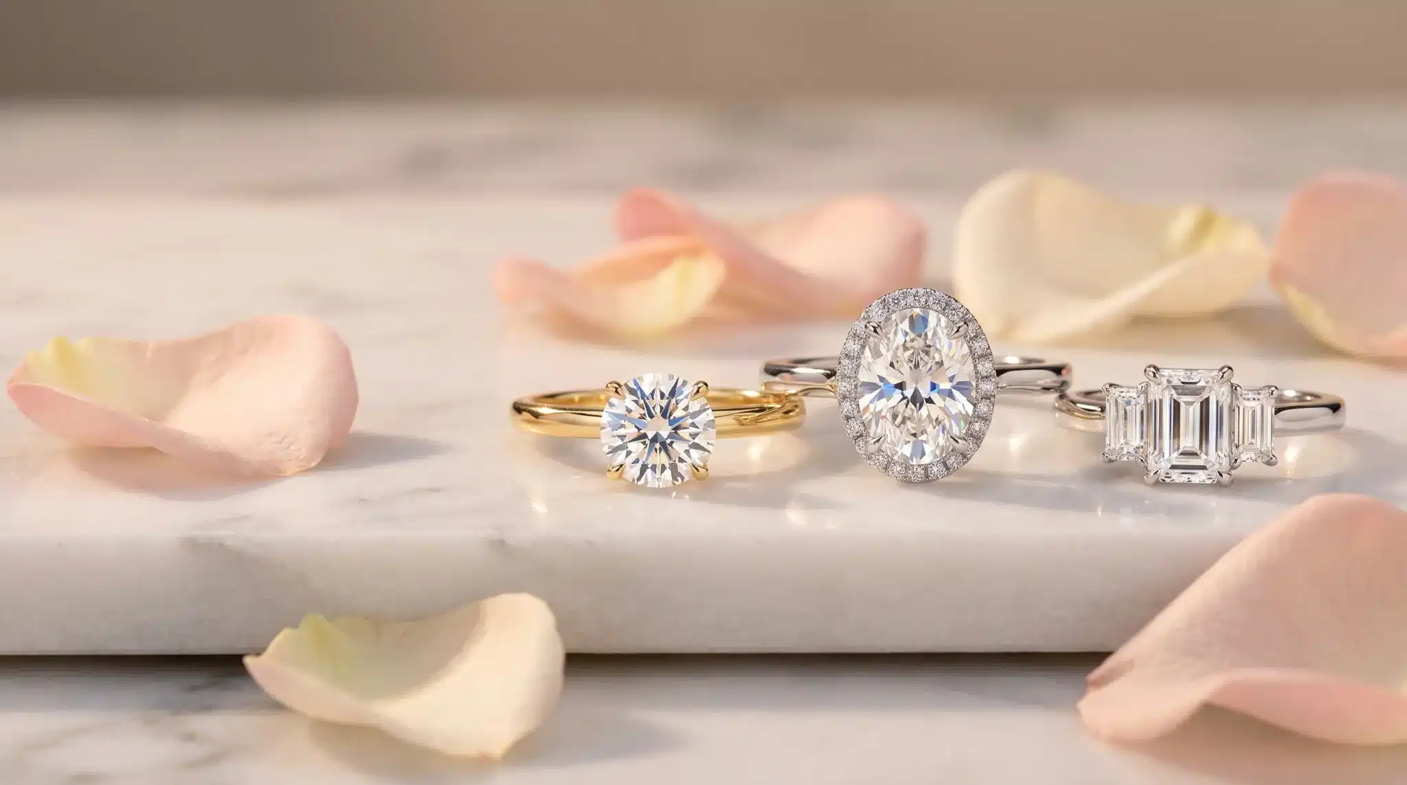 Diamond engagement rings on a marble surface with scattered pink rose petals