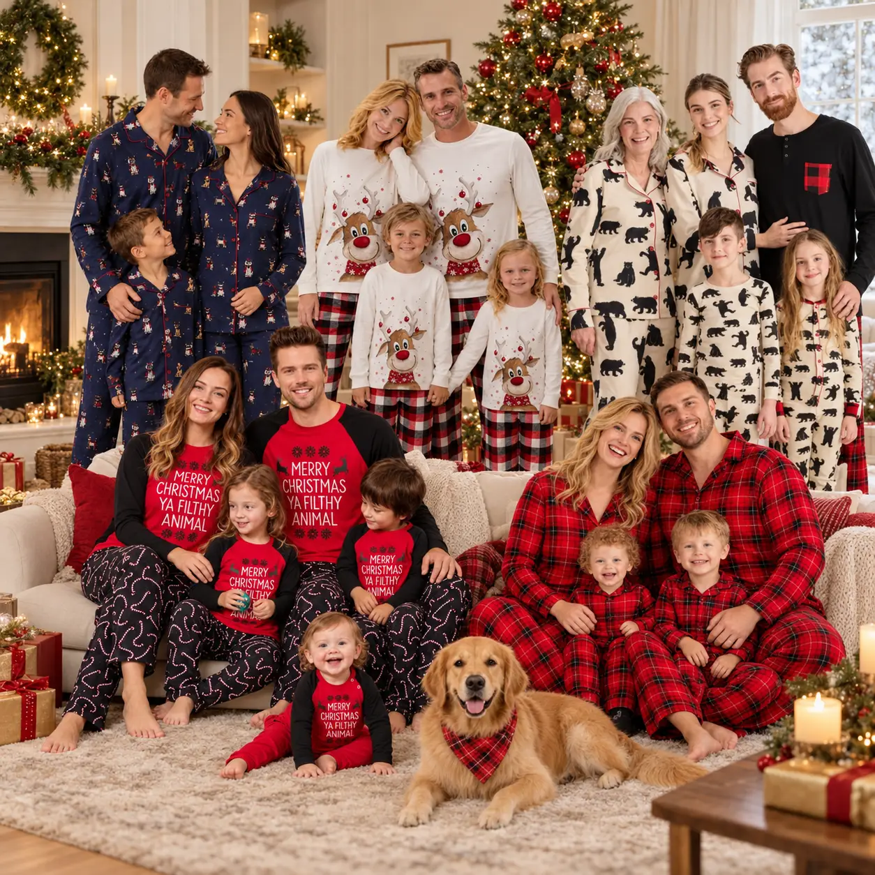 Family in matching holiday pajamas around Christmas tree and fireplace indoors