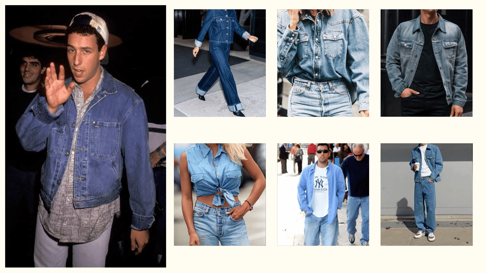 1990s denim-on-denim outfit collage in Adam Sandler-inspired casual style.