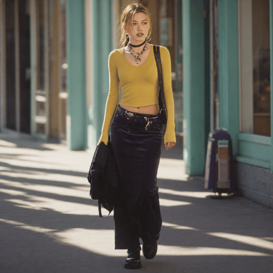 Woman in a yellow crop top and dark maxi skirt showcasing street-style 1990s retro fashion trends.