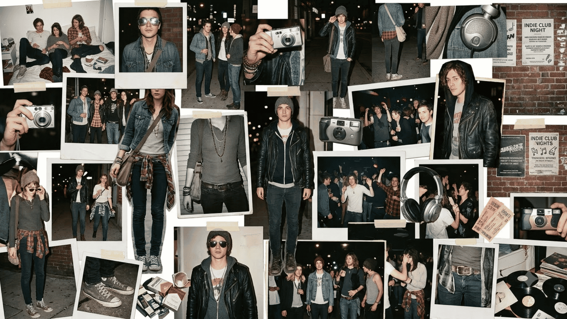 Indie sleaze fashion collage featuring vintage nightlife photos, leather jackets, denim outfits, cameras, headphones, and club scenes.